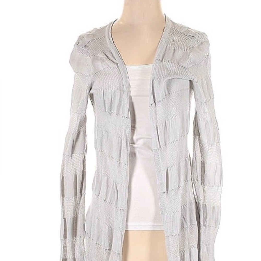 CAbi Light Gray Long-Sleeve Women’s medium long cardigan with Stripe Detail